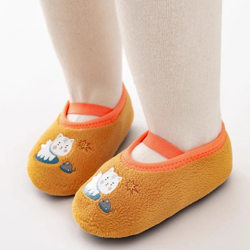 Newborn Baby Boys Girls Anti Slip Cartoon Shoes Winter Indoor Outdoor Slippers Infant Floor First Walk Shoes with Rubber Sole