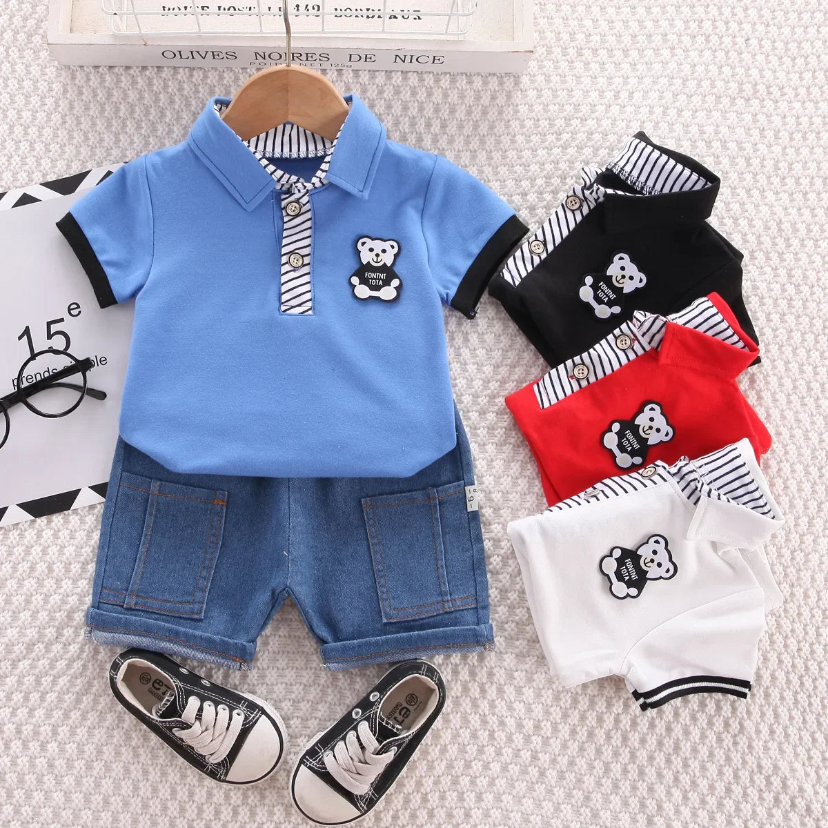 Baby Boys Clothing Sets Summer Korean Style Outfit for Kids Cartoon Short Sleeve Tops+ Denim Shorts Baby Boy Clothes Tracksuits
