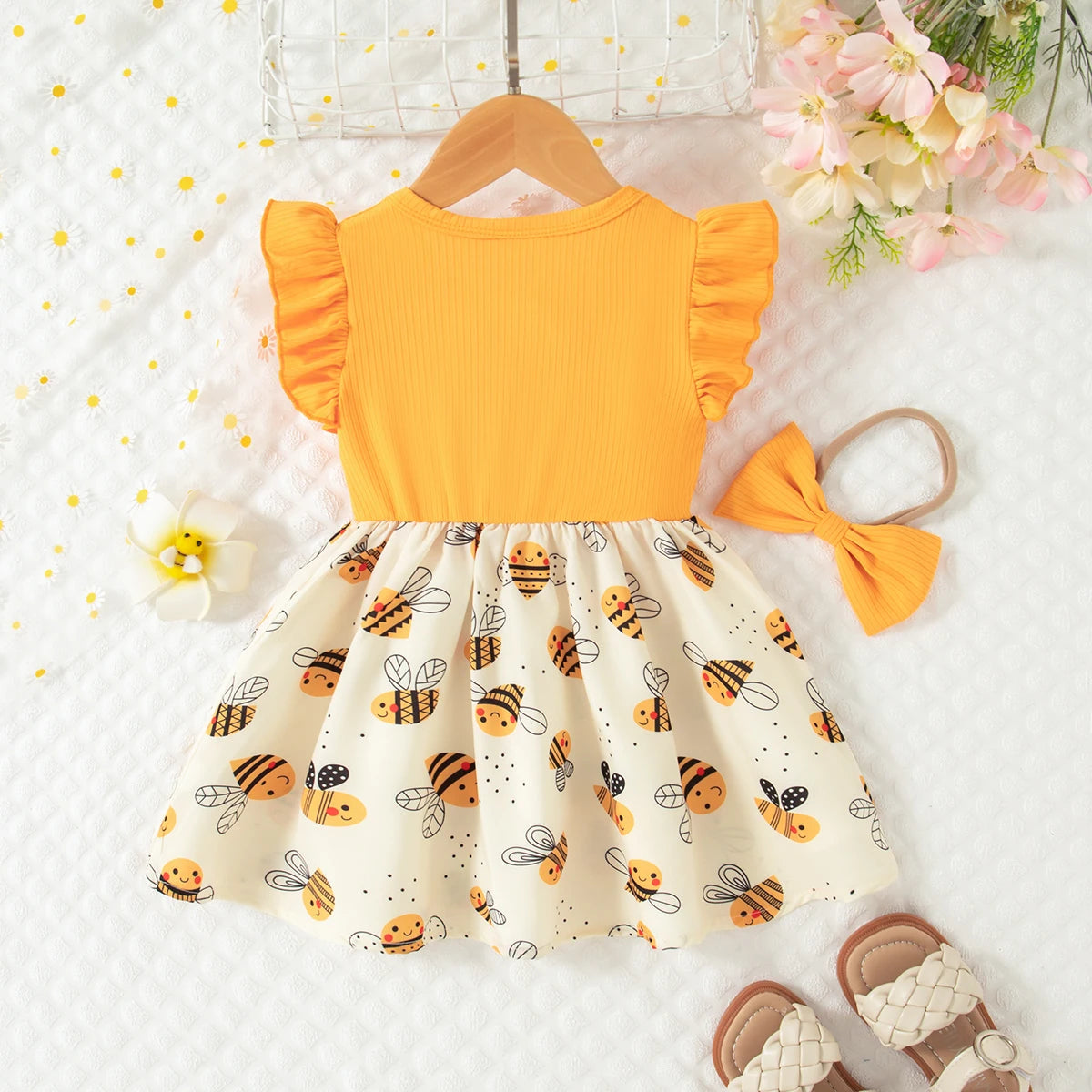 Summer Baby Girl Yellow Little Bee Dress Cute Baby Dress Flying Sleeved Princess Dress for Kids Send Hairband