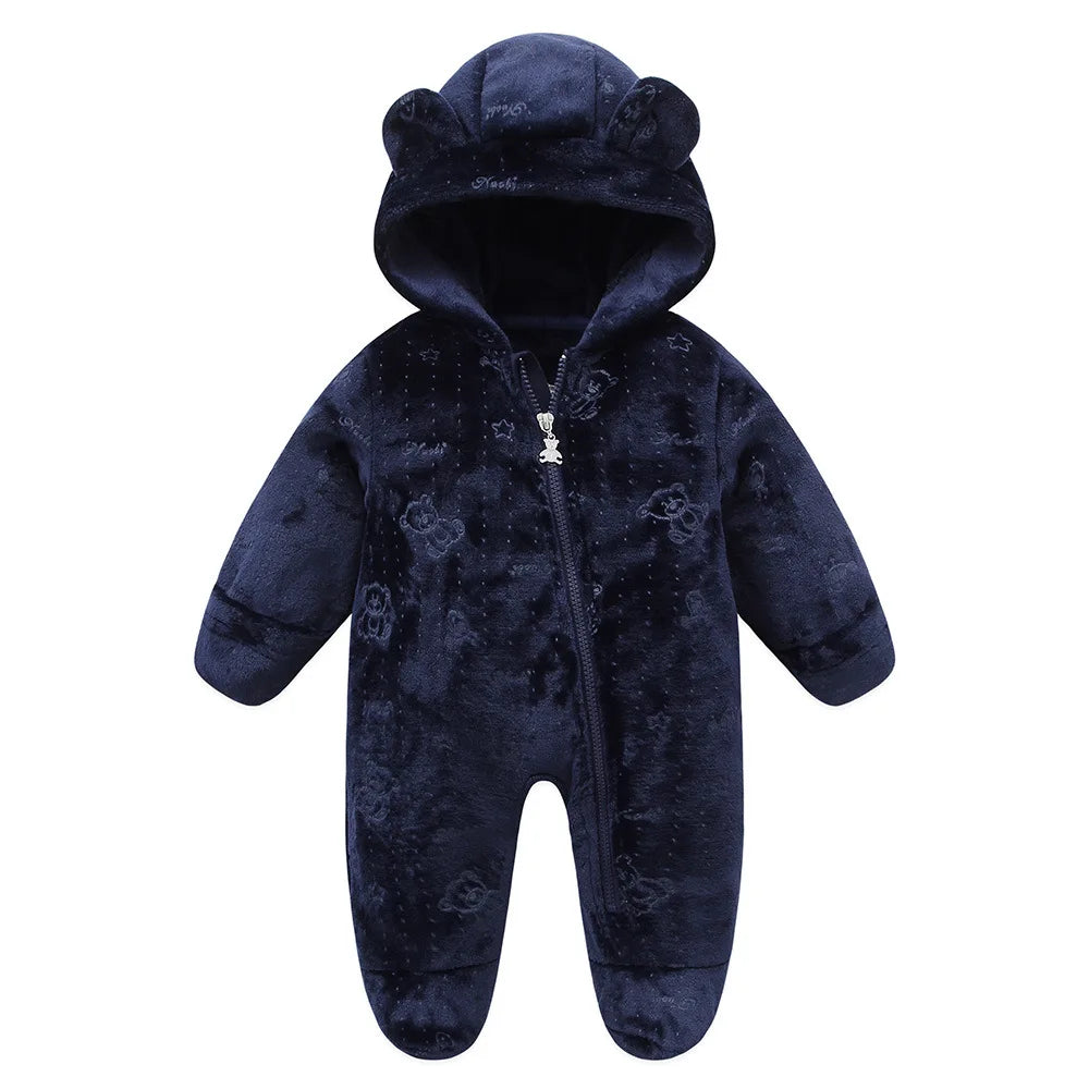 OLEKID 2025 Autumn Winter Newborn Baby overalls Plus Velvet Hooded Kids Baby Girl Rompers 0-1 Years Toddler Boy Jumpsuit Outfits