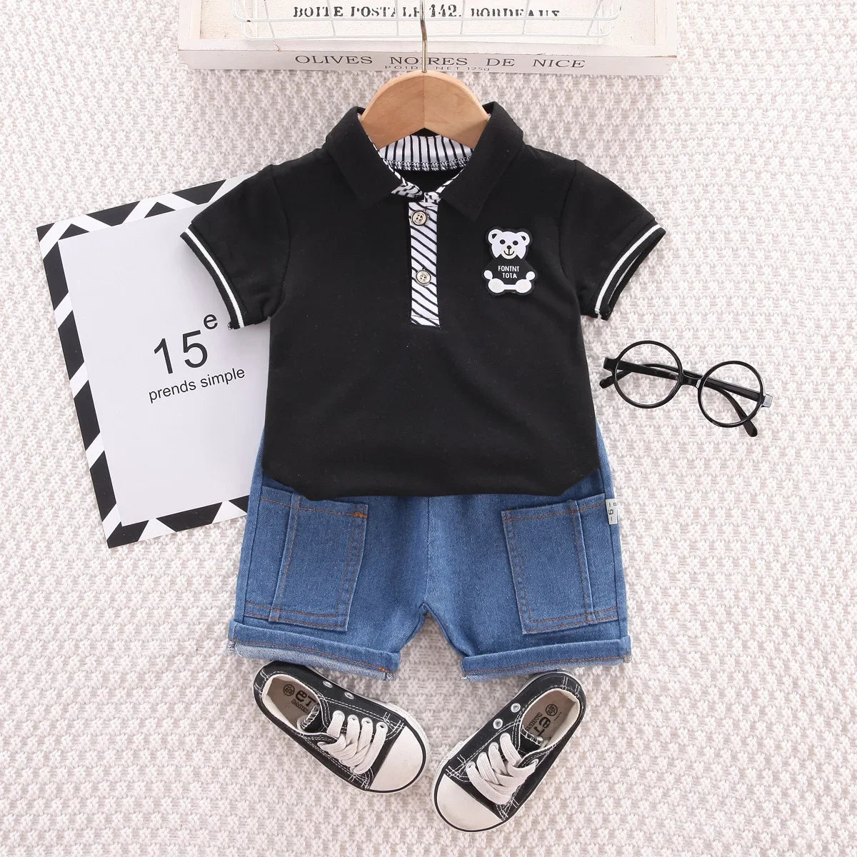Baby Boys Clothing Sets Summer Korean Style Outfit for Kids Cartoon Short Sleeve Tops+ Denim Shorts Baby Boy Clothes Tracksuits