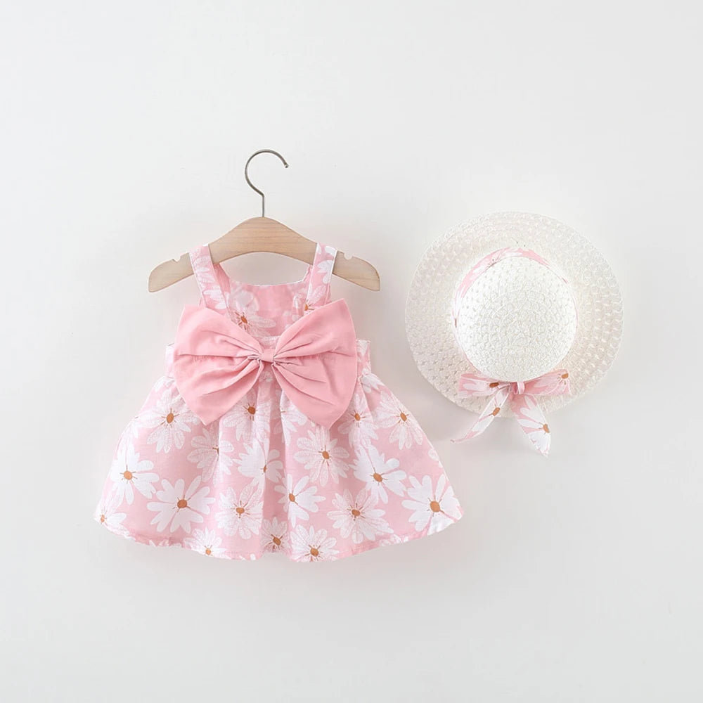 Summer New Girl Fashion Dress Small Chrysanthemum Hanging Strap Big Bow Princess Dress Party Dress 0-3 Years Old