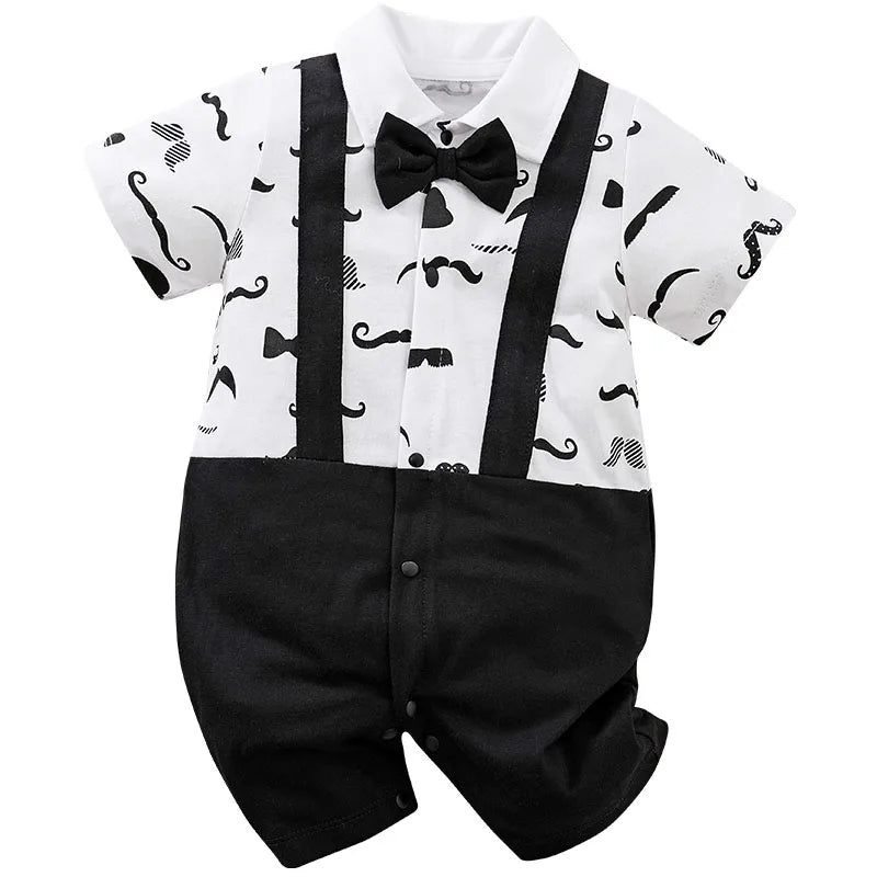 Boys Cartoon Printed Clothes Short Sleeve Bow Tie Romper  Moustache Cotton Baby Gentleman Newborn Toddler Baby Jumpsuit Print