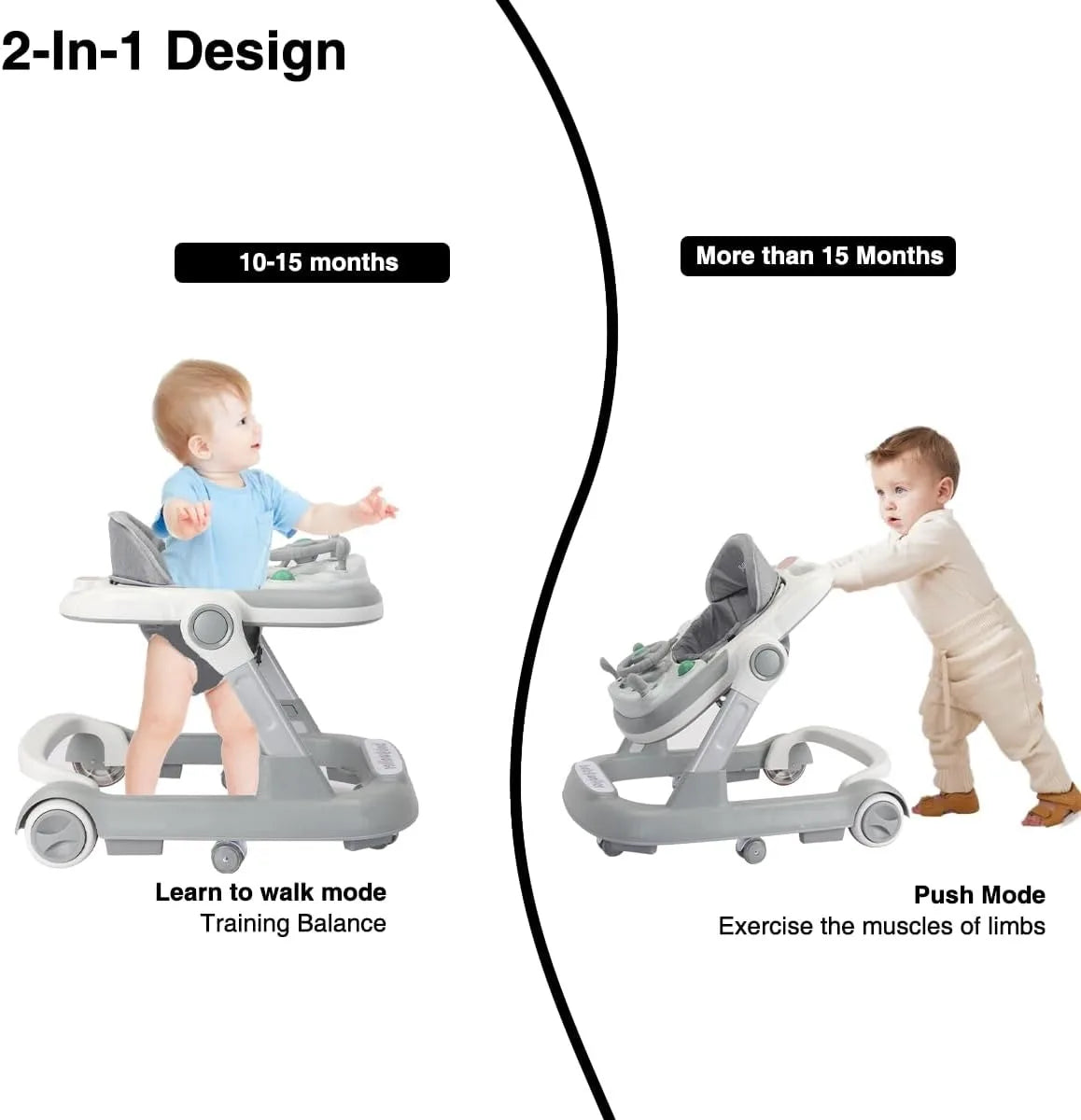 2 in 1 Baby Walker, Toddler Baby Push Walker with Removable Feeding Tray and Music Tray(Without Battery), Foldable Walker