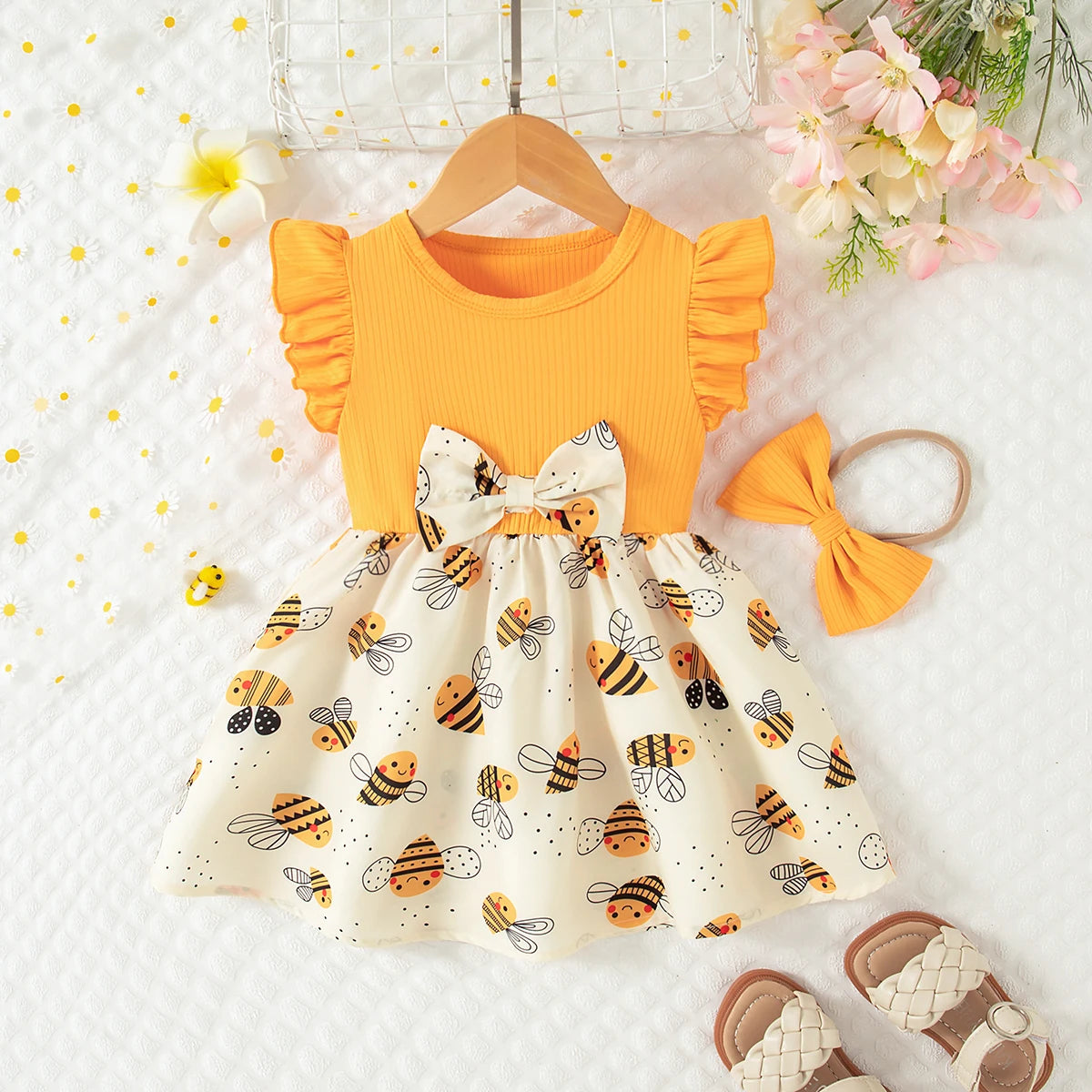 Summer Baby Girl Yellow Little Bee Dress Cute Baby Dress Flying Sleeved Princess Dress for Kids Send Hairband