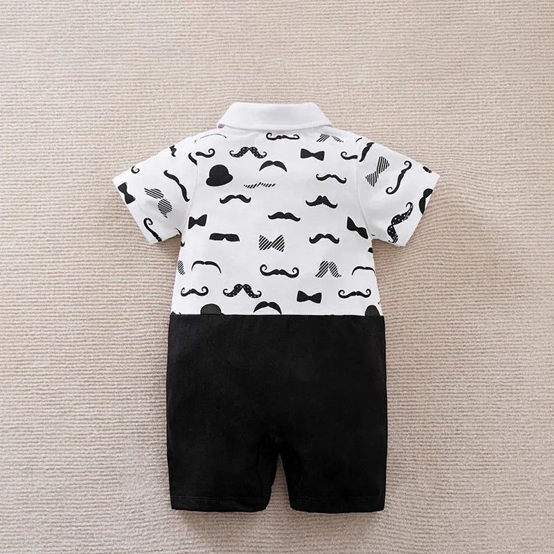 Boys Cartoon Printed Clothes Short Sleeve Bow Tie Romper  Moustache Cotton Baby Gentleman Newborn Toddler Baby Jumpsuit Print