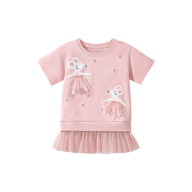 Summer Arrival Dancing Mouse Pattern Short Sleeves Tulle Dress for Stylish Girls